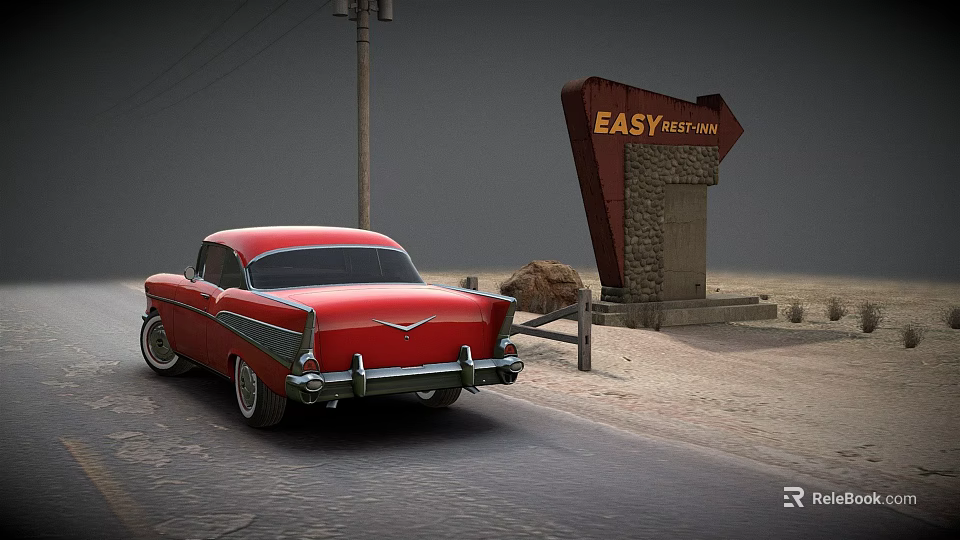 Modern Scene Featuring Red Vintage Car Near Easy Street Inn Sign On Sandy Road 3d model 