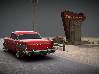 Modern Scene Featuring Red Vintage Car Near Easy Street Inn Sign On Sandy Road 3d model