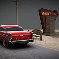 Modern Scene Featuring Red Vintage Car Near Easy Street Inn Sign On Sandy Road