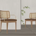 Leisure Chairs With Natural Wooden Frame Woven Backrest And Leather Seat In Minimalist Interior