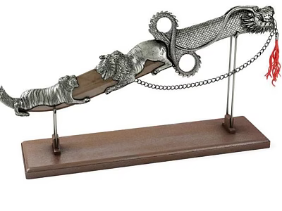 Silver Dragon Tiger Design Decorative Ornament Set With Wooden Base And Chain Red Tassel 3d model
