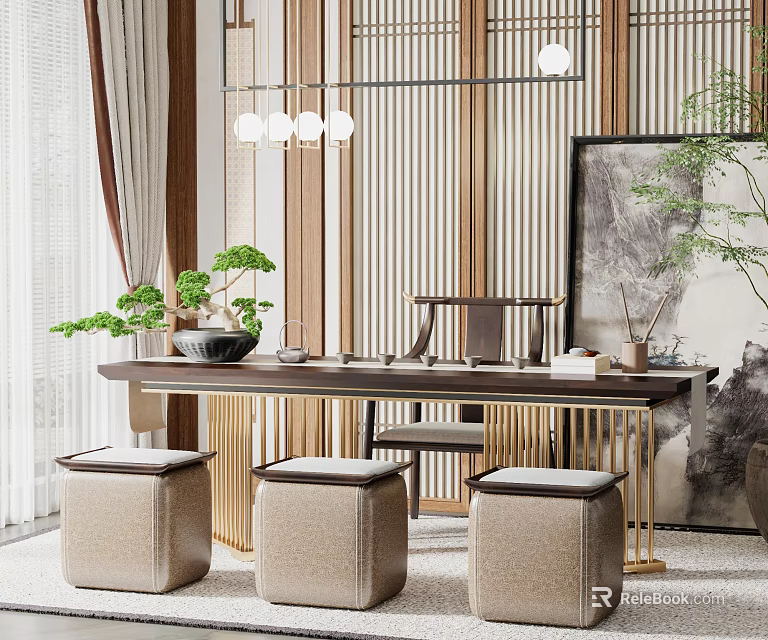 Traditional Chinese Tea Table And Chairs Set With Solid Wood Stools And Pendant Lights 3d model