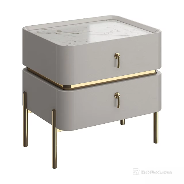 Modern Gray Chest of Drawers with Marble Top Gold Handles and Legs 3d model 