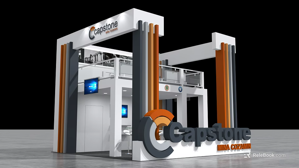 Capstone Mining Equipment Exhibition Booth with White Gray Orange Structure and Display Screens 3d model 