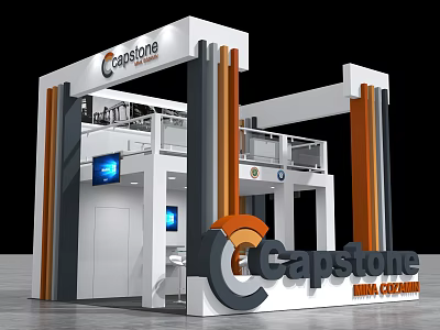 Capstone Mining Equipment Exhibition Booth with White Gray Orange Structure and Display Screens 3d model