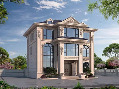 European Style Two Story Detached Villa With Carved Decorations Arched Windows And Front Garden 3d model