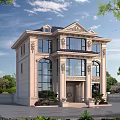 European Style Two Story Detached Villa With Carved Decorations Arched Windows And Front Garden