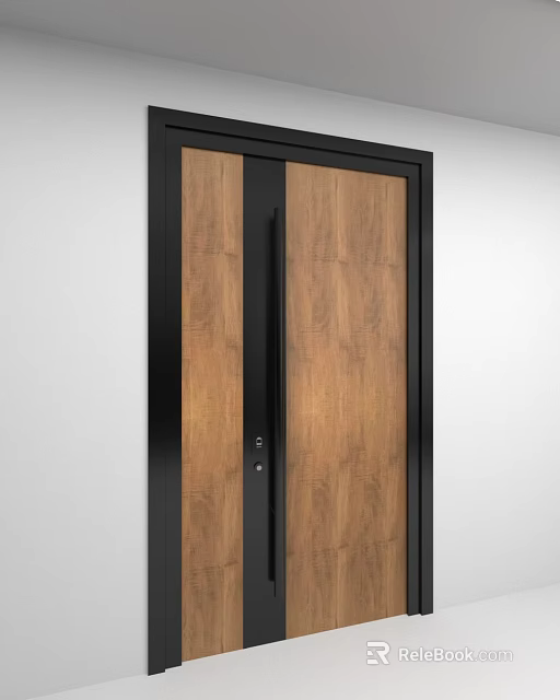 Modern Wooden Swing Door With Black Frame And Natural Wood Grain Design 3d model 
