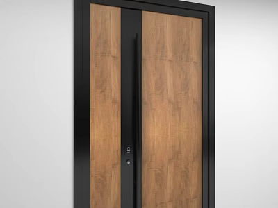 Modern Wooden Swing Door With Black Frame And Natural Wood Grain Design 3d model