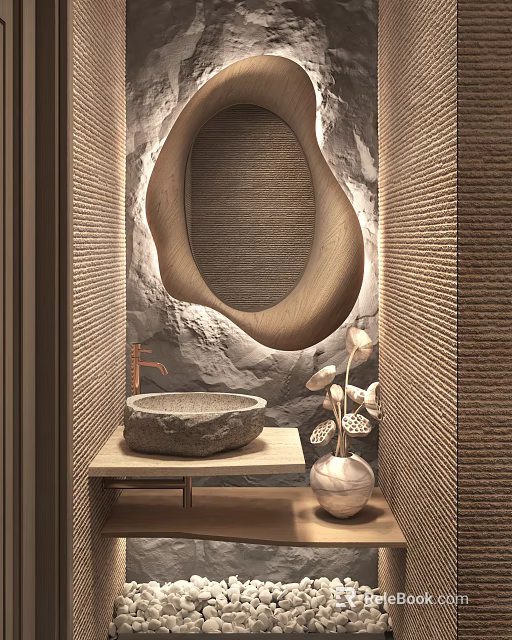 Public Restroom With Natural Stone Wall Unique Mirror And Vase 3d model 