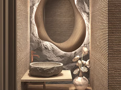 Public Restroom With Natural Stone Wall Unique Mirror And Vase 3d model