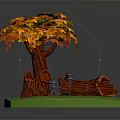 Autumn Themed Tree With Orange Yellow Leaves And Tree Stump On Green Grassy Base