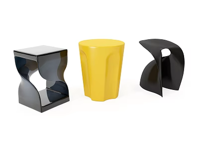 Three Modern Stools In Black Yellow With Unique Contemporary Design Shapes 3d model