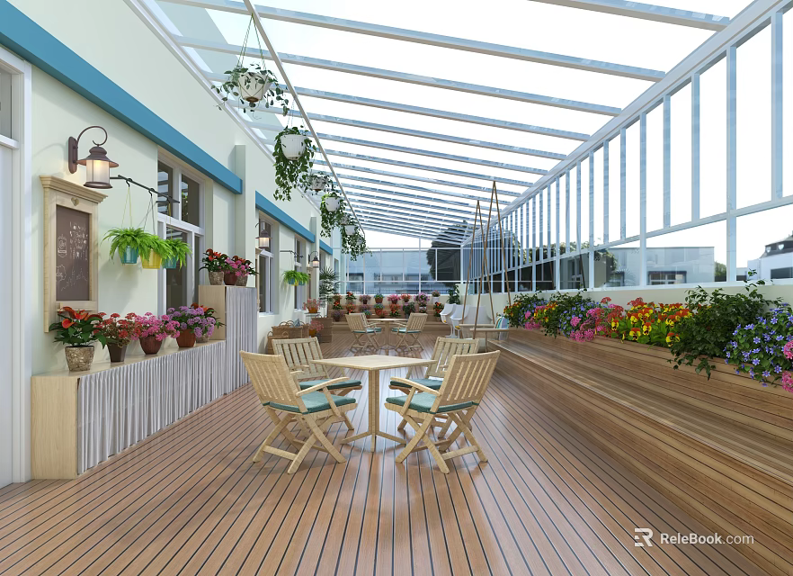 Bright Villa Balcony With Glass Roof Wooden Flooring Leisure Table Chairs And Potted Plants 3d model 