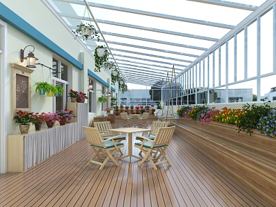 Bright Villa Balcony With Glass Roof Wooden Flooring Leisure Table Chairs And Potted Plants 3d model