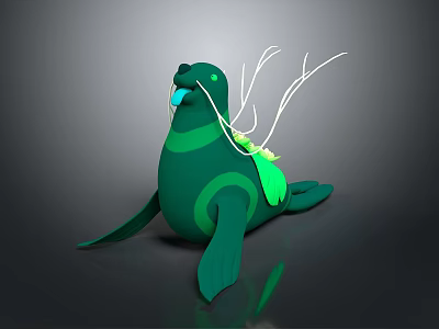 Green Seal Like Creature Character With White Branch Decorations And Glowing Elements 3d model