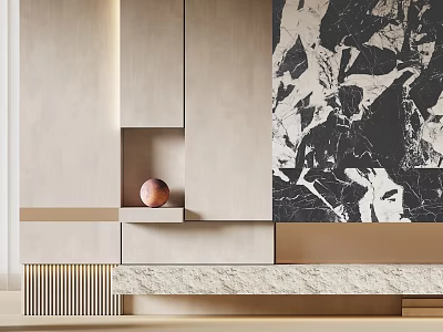 Modern Beige Background Wall With Black Marble Texture Minimalist Shelf Spherical Decor And Wooden Elements 3d model