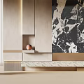Modern Beige Background Wall With Black Marble Texture Minimalist Shelf Spherical Decor And Wooden Elements