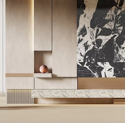 Modern Beige Background Wall With Black Marble Texture Minimalist Shelf Spherical Decor And Wooden Elements 3d model