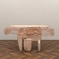 Artistic Dining Table With Patterned Tabletop And Sculptural Legs On Herringbone Wooden Floor