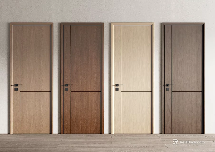 Four Different Colors Wooden Hinged Doors in Modern Interior with Light Wall and Wooden Floor 3d model 