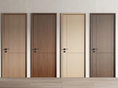 Four Different Colors Wooden Hinged Doors in Modern Interior with Light Wall and Wooden Floor 3d model