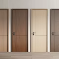 Four Different Colors Wooden Hinged Doors in Modern Interior with Light Wall and Wooden Floor