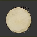 Vintage Circular Musical Drum With Light Colored Head And Metal Decorations