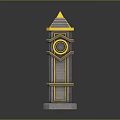 Decorative Tower Structure With Golden Spire Gray Layered Body And Circular Decorations