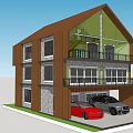 Two Story Detached House With Brown Beige Exterior Balcony Garage And Green Lawn