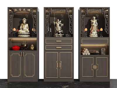 Traditional Chinese Buddhist Shrine Cabinet With Gold Decor Buddha Statue Candles And Incense 3d model