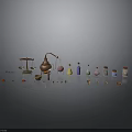 Laboratory Equipment With Balance Scale Copper Still Colored Reagent Bottles Small Containers And Samples