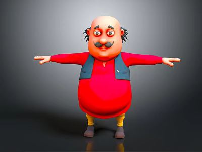 Animated Game Movie Character With Bald Head Mustache Glasses Red Shirt Blue Vest Arms Outstretched 3d model