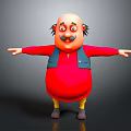 Animated Game Movie Character With Bald Head Mustache Glasses Red Shirt Blue Vest Arms Outstretched