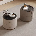 Round Light Gray Bedside Tables With Drawers And Black Top Decorative Items