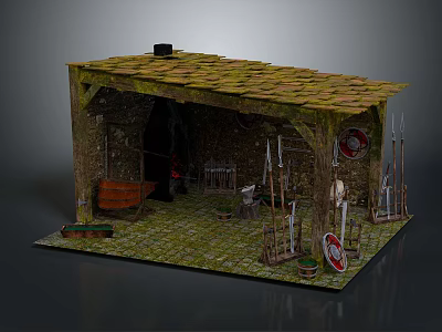 Rustic Medieval Hut Scene With Mossy Roof Stone Walls Wooden Barrel And Weapons 3d model