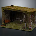 Rustic Medieval Hut Scene With Mossy Roof Stone Walls Wooden Barrel And Weapons
