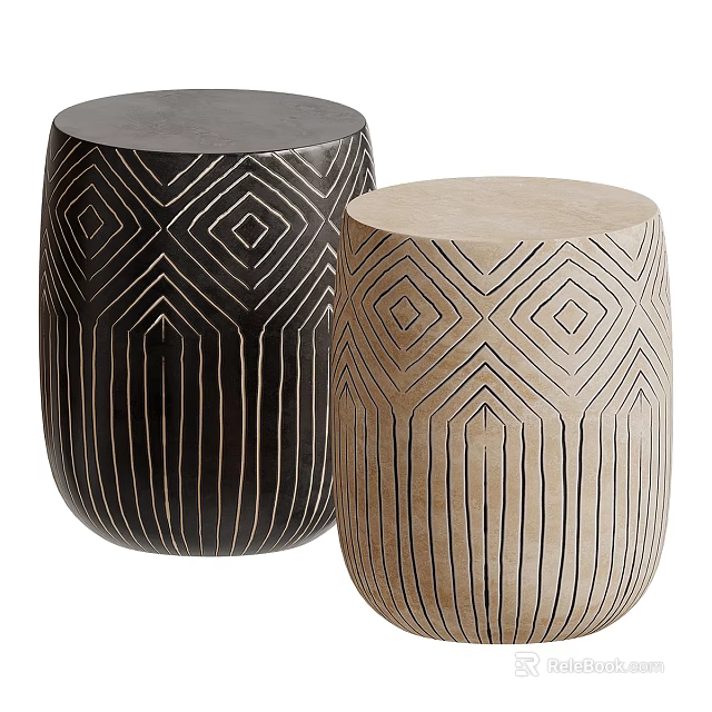 Modern Desk With Geometric Pattern Stools In Black And Beige Colors 3d model