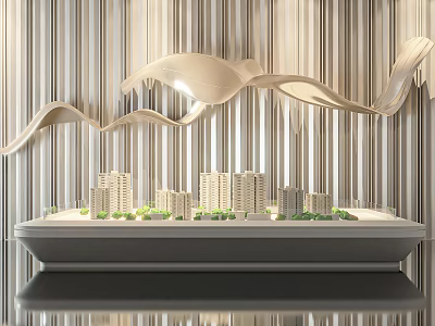 Modern Building Model Display With High Rise Structures Green Plants And Striped Wall Background 3d model