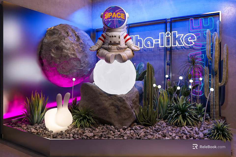 Vibrant Space Themed Scene With Astronaut Glowing Sphere Cactus Succulents Neon Ha-like Sign Rabbit Light 3d model 