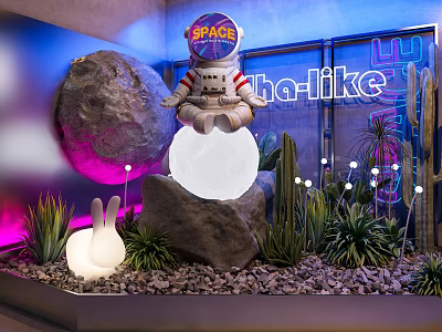Vibrant Space Themed Scene With Astronaut Glowing Sphere Cactus Succulents Neon Ha-like Sign Rabbit Light 3d model
