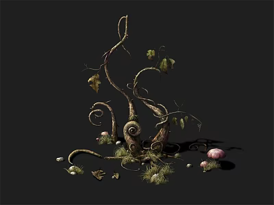 Curved Vines With Green Leaves Mushrooms Small Stones And Grass On Black Background 3d model