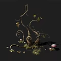 Curved Vines With Green Leaves Mushrooms Small Stones And Grass On Black Background