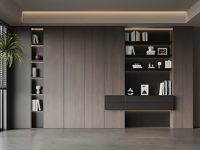 Contemporary Living Room With Wooden Wall Bookshelves And Decorative Plants 3d model