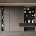 Contemporary Living Room With Wooden Wall Bookshelves And Decorative Plants