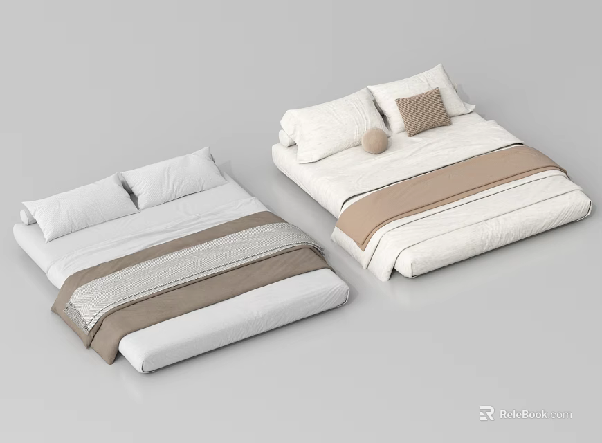 Minimalist Modern Bedding With White Beige Striped Bed Sheets And Pillows For Contemporary Bedroom Decor 3d model 