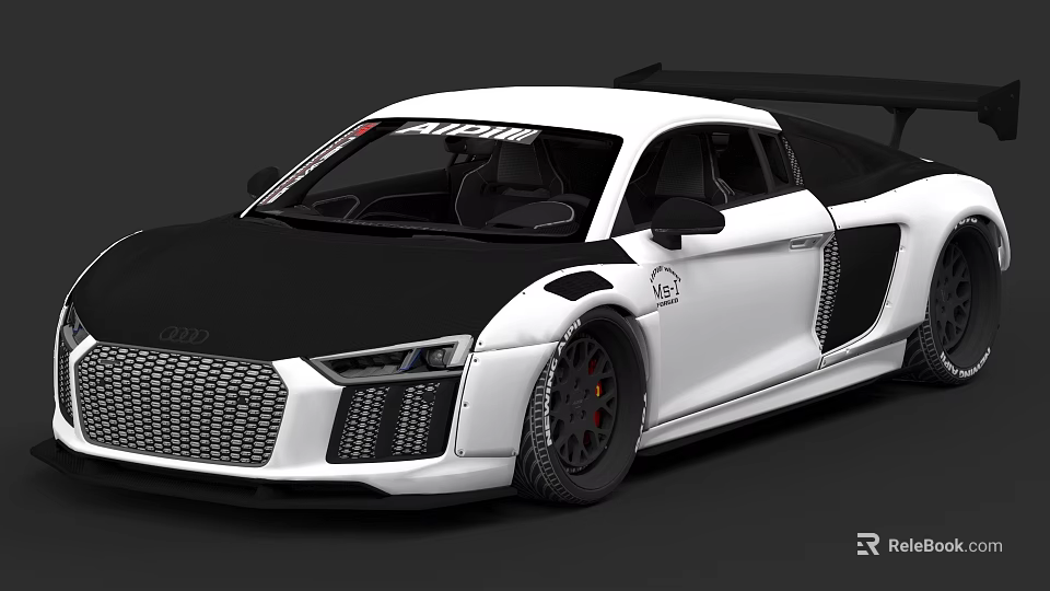 White Modified Audi R8 Race Car With Black Hood Large Rear Wing And Racing Decals 3d model 