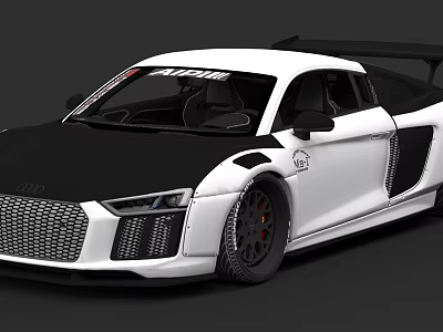 White Modified Audi R8 Race Car With Black Hood Large Rear Wing And Racing Decals 3d model