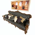 Classic Three Seater Leather Sofa With Carved Wood Armrests Beige Dark Purple Cushions And Vintage Painting