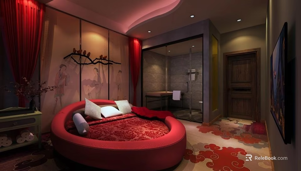 Elegant Hotel Guest Room With Red Round Bed White Pillows Open Bathroom And Decorative Wall 3d model 
